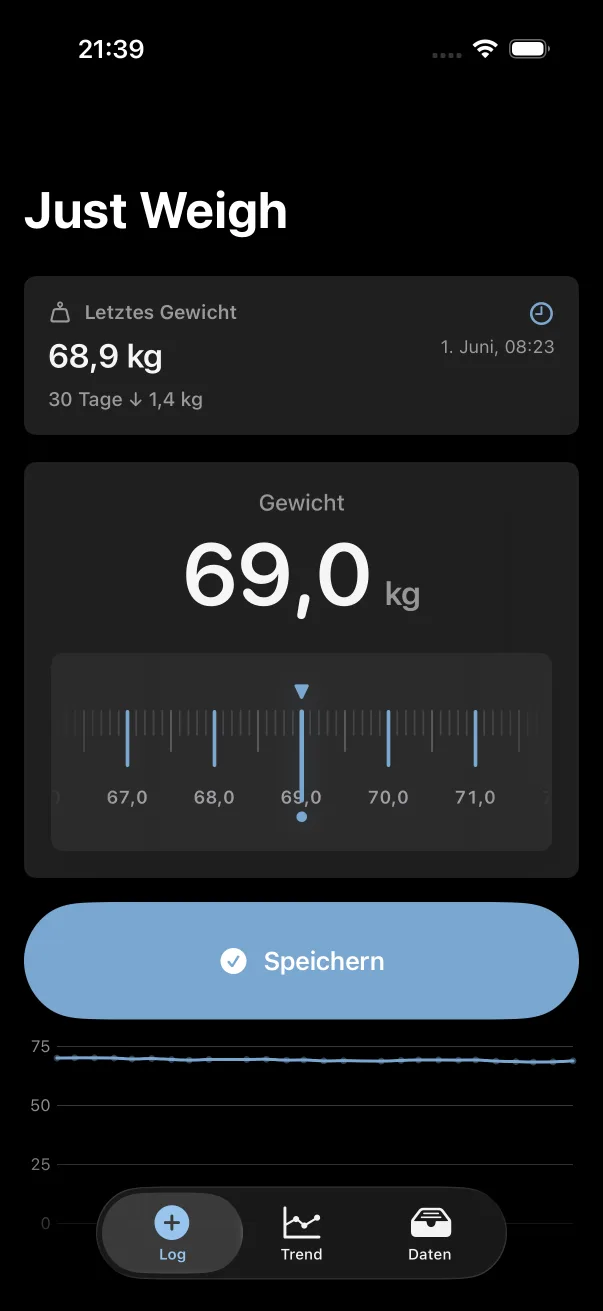 Just Weigh im dunklen Design mit deutschem Log-Bildschirm