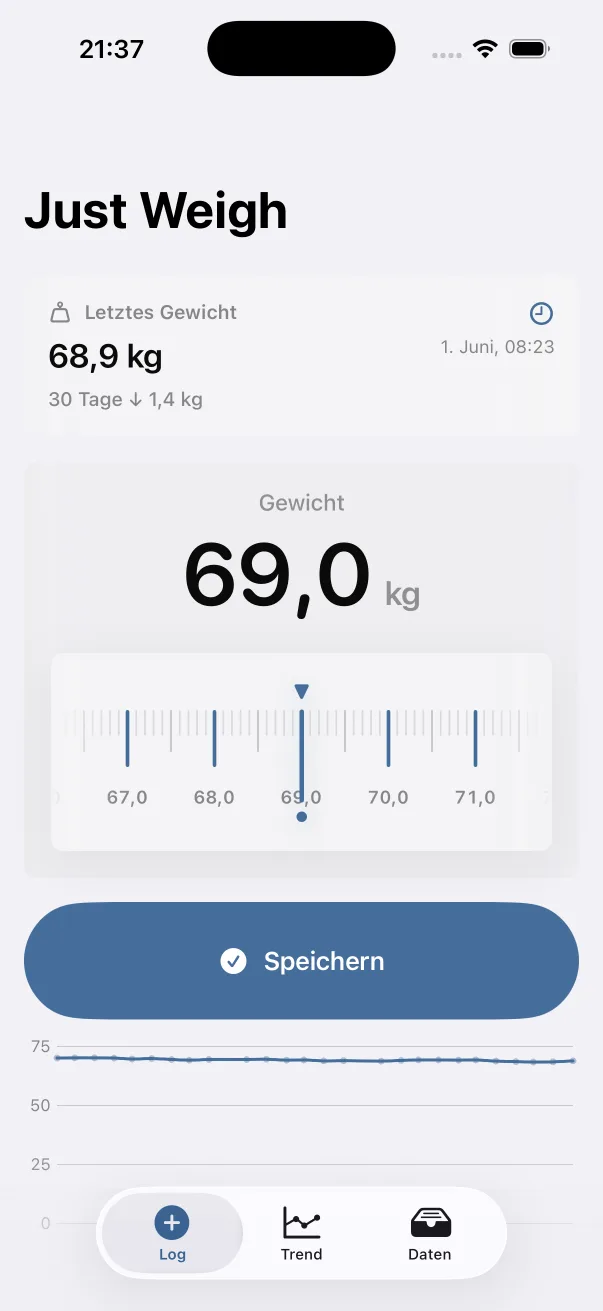 Just Weigh im hellen Design mit deutschem Log-Bildschirm