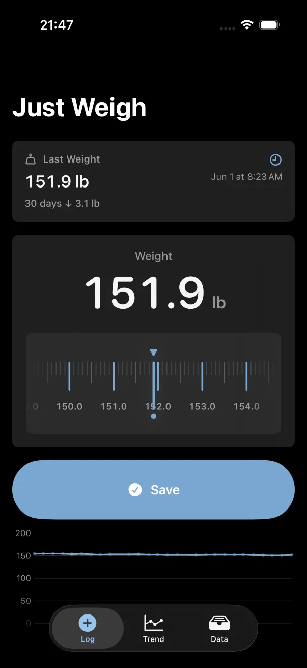 Just Weigh in dark mode showing the US English log screen