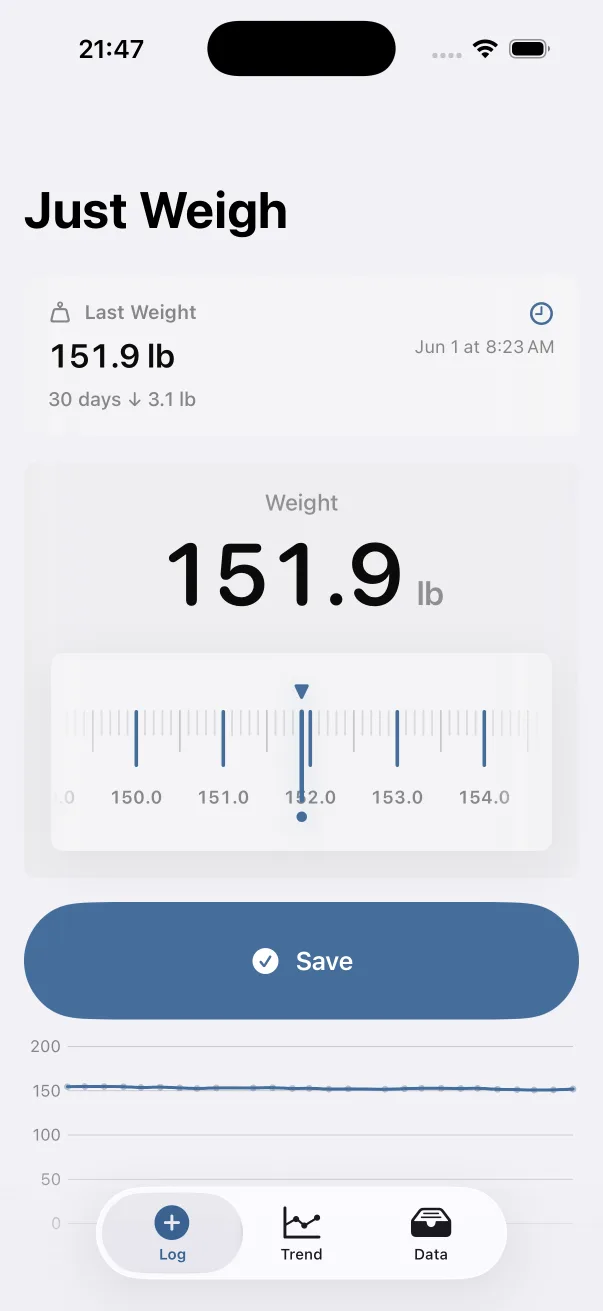Just Weigh in light mode showing the US English log screen